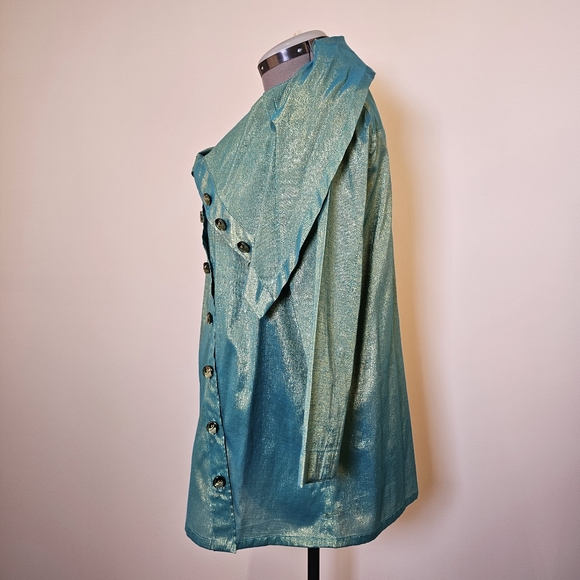 Custom handmade teal and gold metallic thread fabric tent buttoned blouse 12 US - Picture 3 of 7